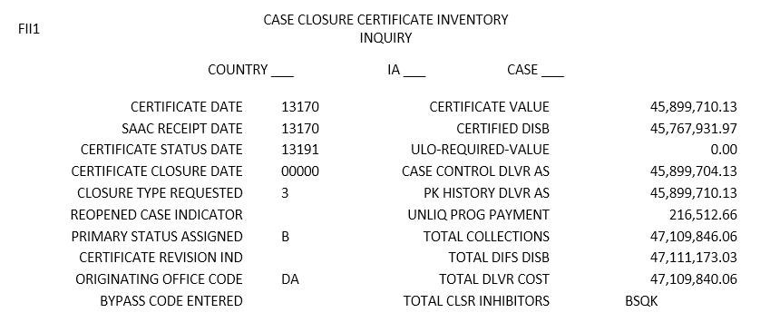 Figure A7.C4.F6. Defense Integrated Financial System Case Closure Certificate Inventory Inquiry