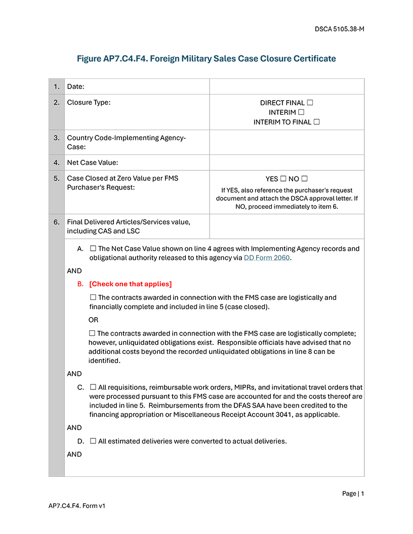 Figure AP7.C4.F4. Foreign Military Sales Case Closure Certificate page 1